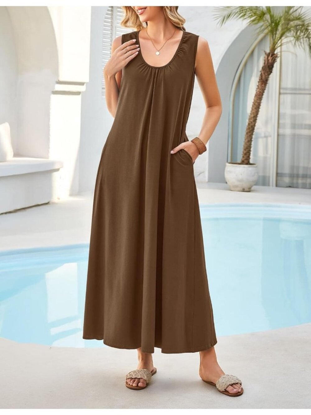 Women's Brown Sundresses Ruch Beach Summer Sleeveless Loose Tank Maxi Dress - Picture 4 of 5